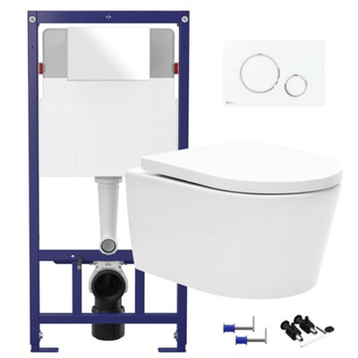 Gloss White Hidden Fixation Rimless Wall Hung Toilet Pan & 1.12m Concealed Cistern Frame WC Unit & Gloss White, Trim Flush Plate