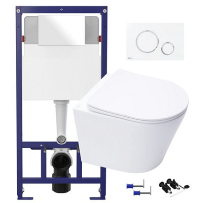 Gloss White Hidden Fixation Rimless Wall Hung Toilet Pan & 1.12m Concealed Cistern Frame WC Unit & Gloss White, Trim Flush Plate