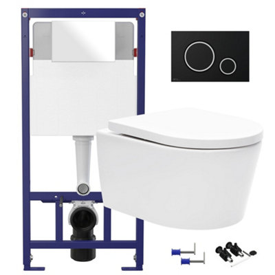 Gloss White Hidden Fixation Rimless Wall Hung Toilet Pan & 1.12m Concealed Cistern Frame WC Unit & Matt Black, Trim Flush Plate