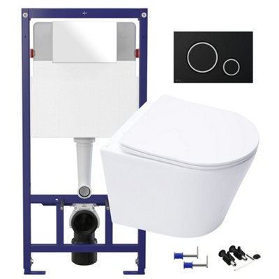 Gloss White Hidden Fixation Rimless Wall Hung Toilet Pan & 1.12m Concealed Cistern Frame WC Unit & Matt Black, Trim Flush Plate