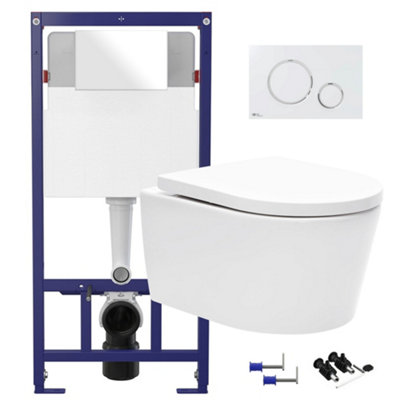 Gloss White Hidden Fixation Rimless Wall Hung Toilet Pan & 1.12m Concealed Cistern Frame WC Unit & Matt White, Trim Flush Plate