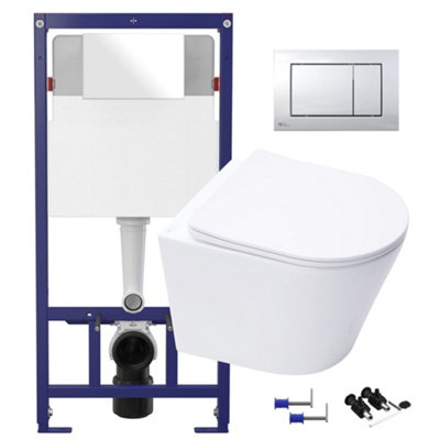 Gloss White Hidden Fixation Rimless Wall Hung Toilet Pan & 1.12m Concealed Cistern Frame WC Unit with Gloss Chrome Flush Plate