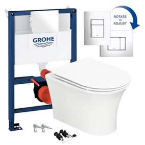 Gloss White Hidden Fixation Rimless Wall Hung Toilet Pan & GROHE 0.82m Concealed WC Cistern Frame Set