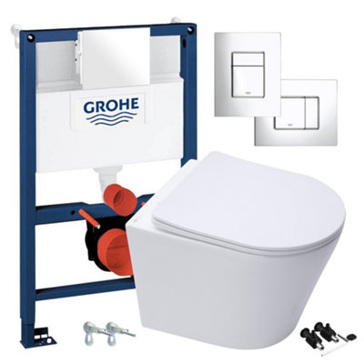 Gloss White Hidden Fixation Rimless Wall Hung Toilet Pan & GROHE 0.82m ...
