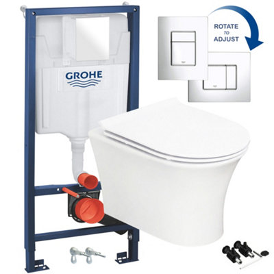 Gloss White Hidden Fixation Rimless Wall Hung Toilet Pan & GROHE 1.13m Concealed WC Cistern Frame Set