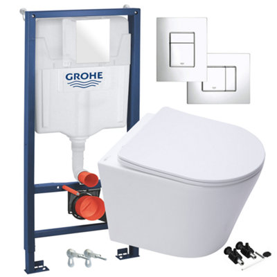 Gloss White Hidden Fixation Rimless Wall Hung Toilet Pan & GROHE 1.13m Concealed WC Cistern Frame