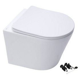 Gloss White Hidden Fixation Wall Hung Rimless Toilet WC Pan & Soft Close Slim Seat