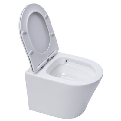 Gloss White Hidden Fixation Wall Hung Rimless Toilet WC Pan & Soft Close Slim Seat - 3