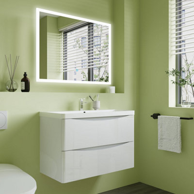 Gloss White Wall Hung Vanity Basin Unit Set & a LED Bathroom Mirror