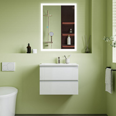 Gloss White Wall Hung Vanity Sink Unit Set & a LED Bathroom Mirror with