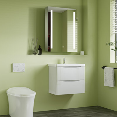 Gloss White Wall Hung Vanity Sink Unit Set with an Anti Fog LED ...