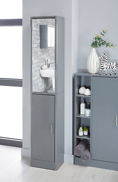 Glossy Bathroom Tallboy Cabinet With Mirror In Grey Diy At B Q