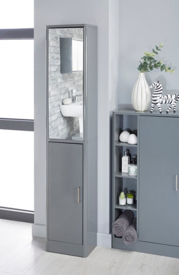Glossy Bathroom Tallboy Cabinet with Mirror in Grey