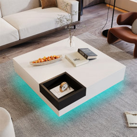 Glossy Living Room Table, Side Table with Removable Storage Box, Color Block White and Black, With LED Light Effect. 