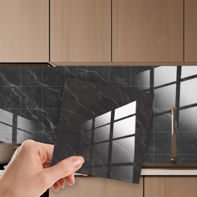 Glossy Marble Tile Stickers Thick Backsplash 12pcs 15cm(6) -Coal Black