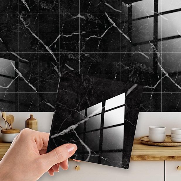 Glossy Marble Tile Stickers Thick Backsplash 12pcs 15cm(6) -Coal Black