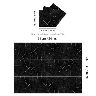 Glossy Marble Tile Stickers Thick Backsplash 12pcs 15cm(6") -Coal Black - 5