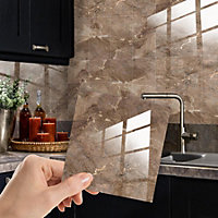 Glossy Marble Tile Stickers Thick Backsplash 12pcs 15cm(6") -Copper Brown