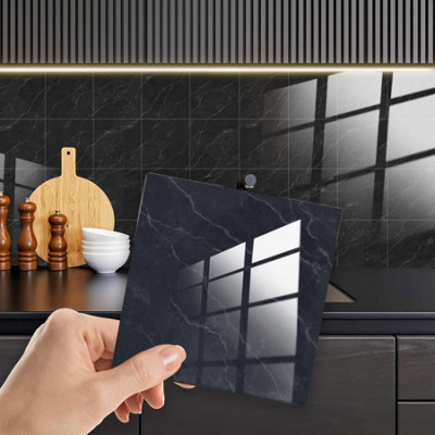 Glossy Marble Tile Stickers Thick Backsplash 12pcs 15cm(6) -Dark Grey