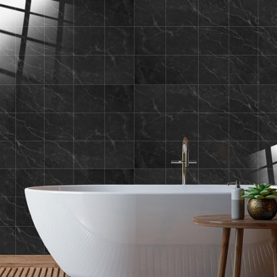 Glossy Marble Tile Stickers Thick Backsplash 12pcs 15cm(6) -Coal Black