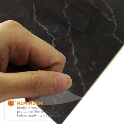 Glossy Marble Tile Stickers Thick Backsplash 12pcs 15cm(6) -Coal Black