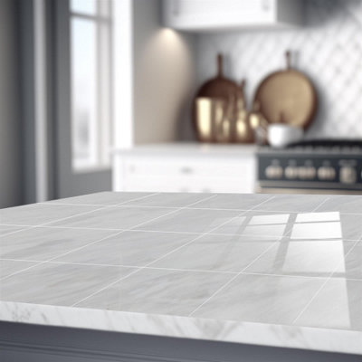 Glossy Marble Tile Stickers Thick Backsplash 12pcs 15cm(6") -Light Grey - 5