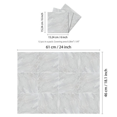Glossy Marble Tile Stickers Thick Backsplash 12pcs 15cm(6") -Light Grey - 6
