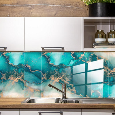 Glossy Marble Tile Stickers Thick Backsplash 12pcs 15cm(6") -Mediterranean Ocean Blue