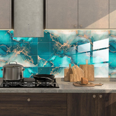 Glossy Marble Tile Stickers Thick Backsplash 12pcs 15cm(6") -Mediterranean Ocean Blue - 3