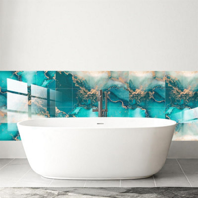 Glossy Marble Tile Stickers Thick Backsplash 12pcs 15cm(6") -Mediterranean Ocean Blue - 4