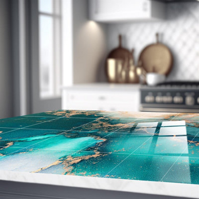 Glossy Marble Tile Stickers Thick Backsplash 12pcs 15cm(6") -Mediterranean Ocean Blue - 5