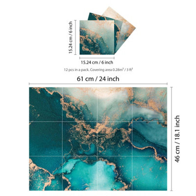 Glossy Marble Tile Stickers Thick Backsplash 12pcs 15cm(6") -Mediterranean Ocean Blue - 6