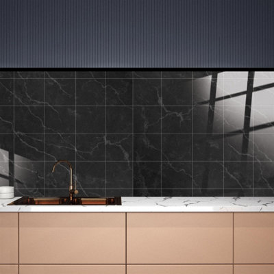 Glossy Marble Tile Stickers Thick Backsplash 24pcs 15cm(6") -Black Ink - 3