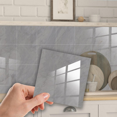 Glossy Marble Tile Stickers Thick Backsplash 24pcs 15cm(6") -Cloudy Grey