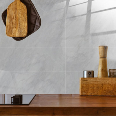 Glossy Marble Tile Stickers Thick Backsplash 24pcs 15cm(6") -Cloudy Grey