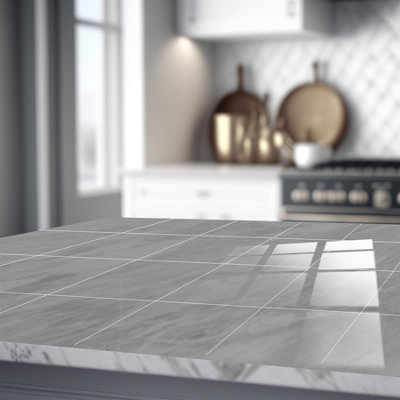 Glossy Marble Tile Stickers Thick Backsplash 24pcs 15cm(6") -Cloudy Grey - 4