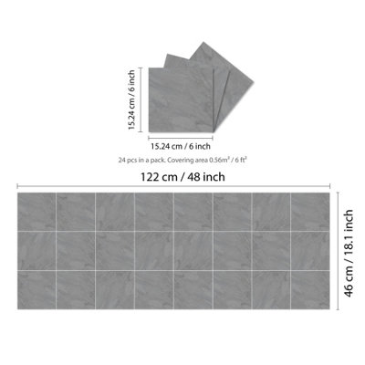 Glossy Marble Tile Stickers Thick Backsplash 24pcs 15cm(6") -Cloudy Grey - 5