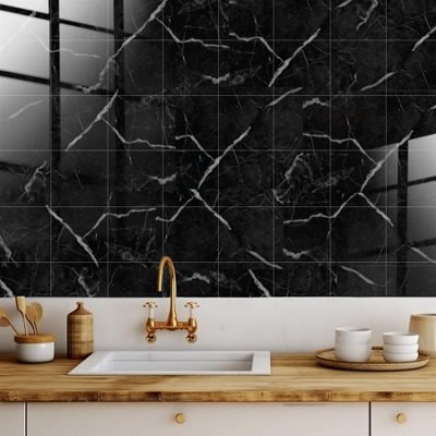 Glossy Marble Tile Stickers Thick Backsplash 24pcs 15cm(6") -Coal Black - 3