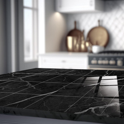 Glossy Marble Tile Stickers Thick Backsplash 24pcs 15cm(6") -Coal Black - 4