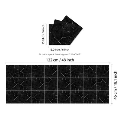 Glossy Marble Tile Stickers Thick Backsplash 24pcs 15cm(6") -Coal Black - 5