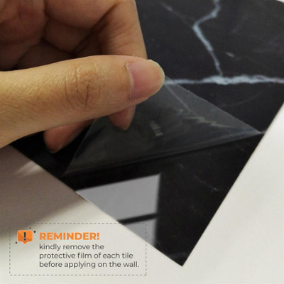 Glossy Marble Tile Stickers Thick Backsplash 24pcs 15cm(6") -Coal Black - 6