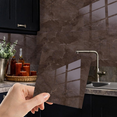 Glossy Marble Tile Stickers Thick Backsplash 24pcs 15cm(6") -Copper Brown