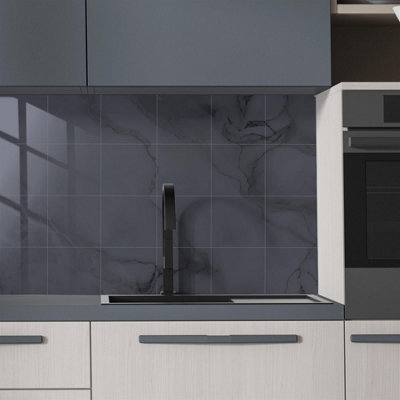 Glossy Marble Tile Stickers Thick Backsplash 24pcs 15cm(6") -Fossil Grey