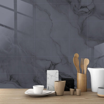 Glossy Marble Tile Stickers Thick Backsplash 24pcs 15cm(6") -Fossil Grey - 4