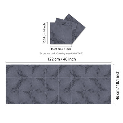 Glossy Marble Tile Stickers Thick Backsplash 24pcs 15cm(6") -Fossil Grey - 6