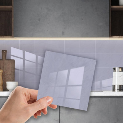 Glossy Marble Tile Stickers Thick Backsplash 24pcs 15cm(6") -Light Grey