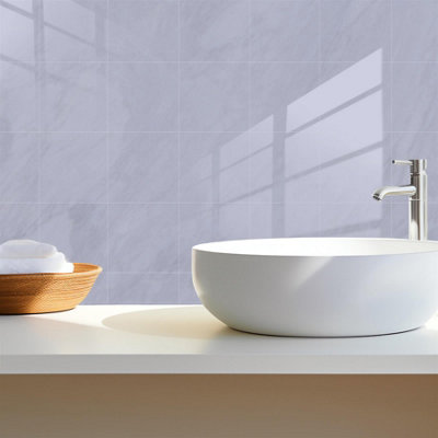 Glossy Marble Tile Stickers Thick Backsplash 24pcs 15cm(6") -Light Grey