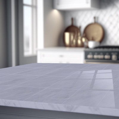 Glossy Marble Tile Stickers Thick Backsplash 24pcs 15cm(6") -Light Grey - 5