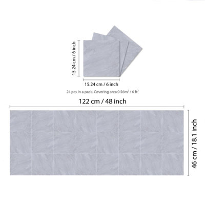 Glossy Marble Tile Stickers Thick Backsplash 24pcs 15cm(6") -Light Grey - 6