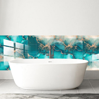 Glossy Marble Tile Stickers Thick Backsplash 24pcs 15cm(6") -Mediterranean Ocean Blue